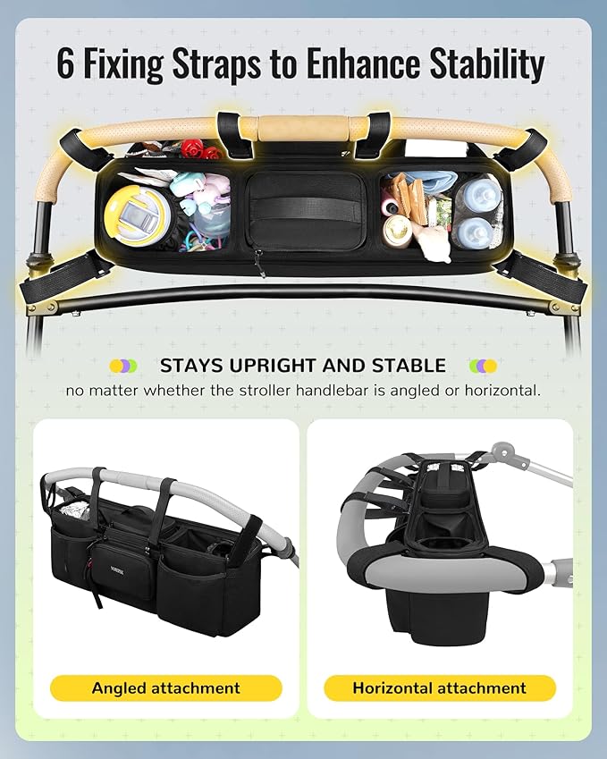 YOREPEK Padded Double Stroller Organizer with Removable Cooler Bag,Fits for Bob Duallie,Baby Jogger City Mini GT2 and Jeep, Large Capacity Stroller Caddy Attachment, Double Baby Stroller Accessories