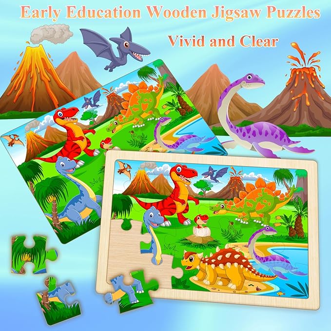 Wooden Puzzles for Kids Ages 4-6, 4 Pack with 24 Pieces Dinosaur, Animal, Ocean, Vehicle Wooden Puzzles for Toddlers Set, Educational & Learning Puzzles, Gifts for 3 4 5 6 Year Old Boys Girls