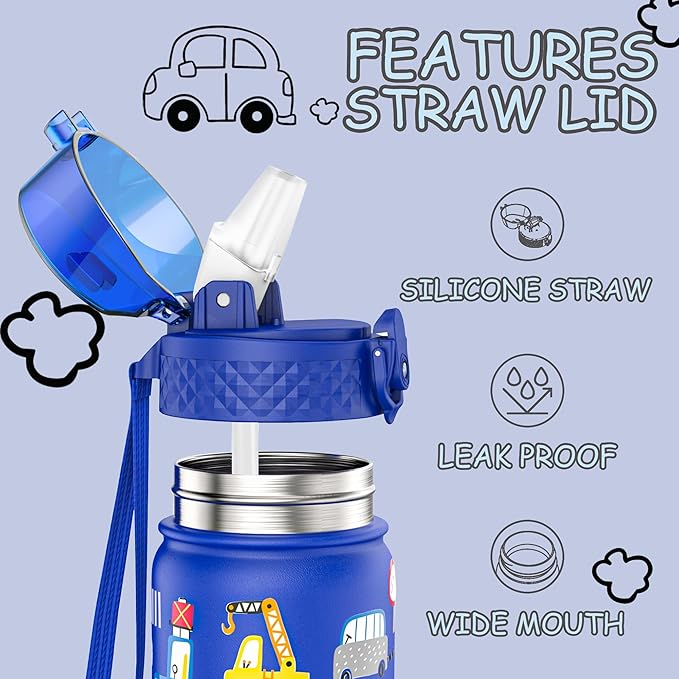 Kids Water Bottle, GOPPUS 18 oz Insulated Water Bottle with Straw, Double Vacuum Leakproof, BPA Free, for Boys and Girls, Blue Construction Truck