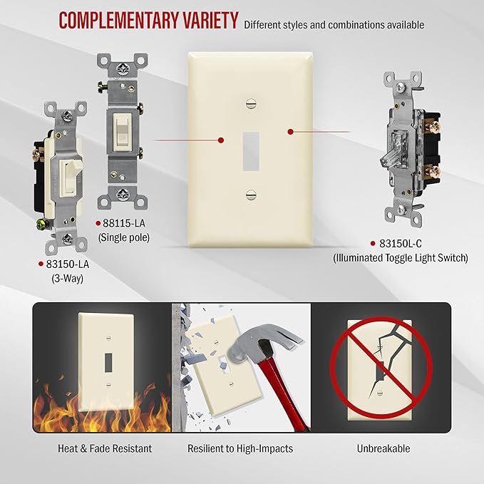 ENERLITES Toggle Light Switch Wall Plate, Gloss Finish, Midway Size 1-Gang 4.88" x 3.11", Unbreakable Polycarbonate Thermoplastic, UL Listed, 8811M-LA, Light Almond