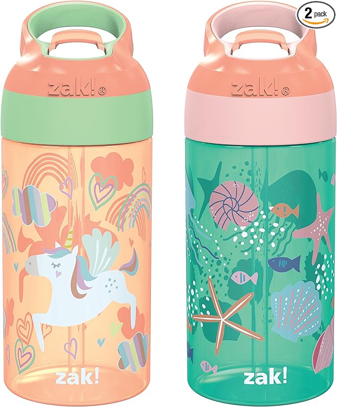 Zak Designs 16oz Riverside Kids Water Bottle with Spout Cover and Built-in Carrying Loop, Made of Durable Plastic, Leak-Proof Water Bottle Design for Travel (Unicorn & Shells, Pack of 2)