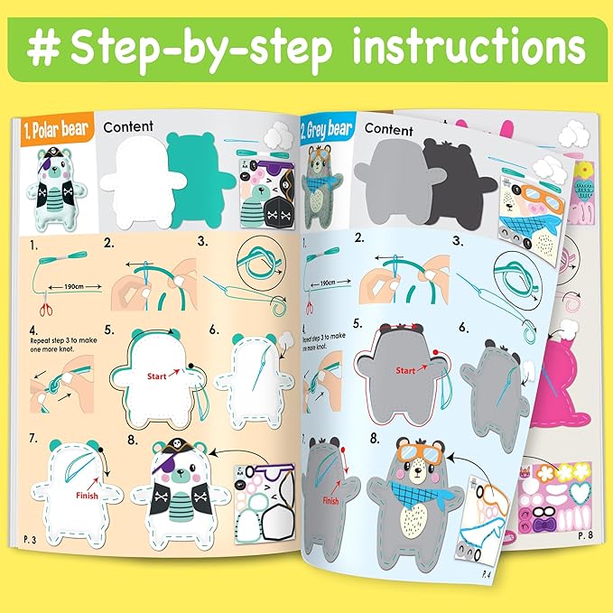 EZCRA Bear & Animal Sewing Kit for Kids Ages 4-8, No-Mess Felt Craft Projects, 4 Easy Beginner Learn-to-Sew Arts & Crafts for Boys and Girls