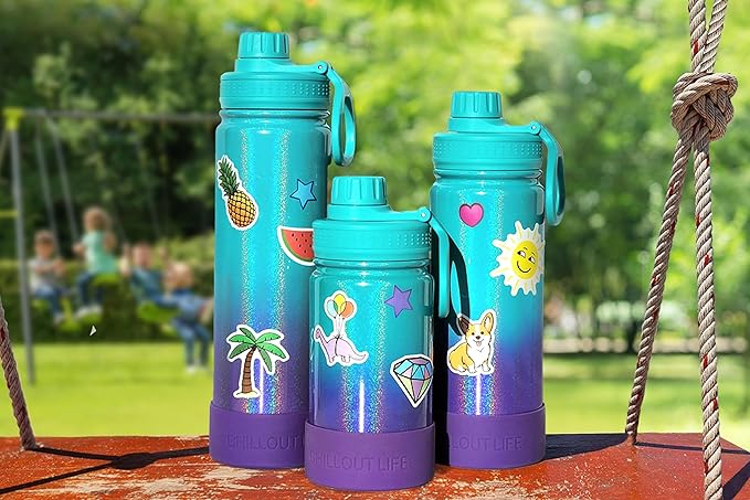 CHILLOUT LIFE 22 oz Kids Insulated Water Bottle for School with Leakproof Spout Lid and Cute Waterproof Stickers, Personalized Stainless Steel Thermos Flask Metal Water Bottle, Mermaid Sparkle