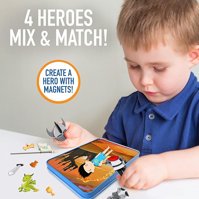 Hapinest Magnetic Heroes Pretend and Play Travel Playset Toy for Boys Ages 4 Years and Up, Fireman, Policeman, Knight, Astronaut
