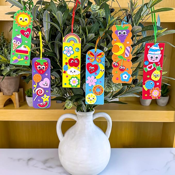 Winlyn 36 Sets Summer Crafts Kits DIY Whimsical Bookmarks Decorations Art Sets Fruits Treats Animals Sun Rainbow Foam Stickers for Kids Classroom Activities Reading Rewards Birthday Camp Party Favors