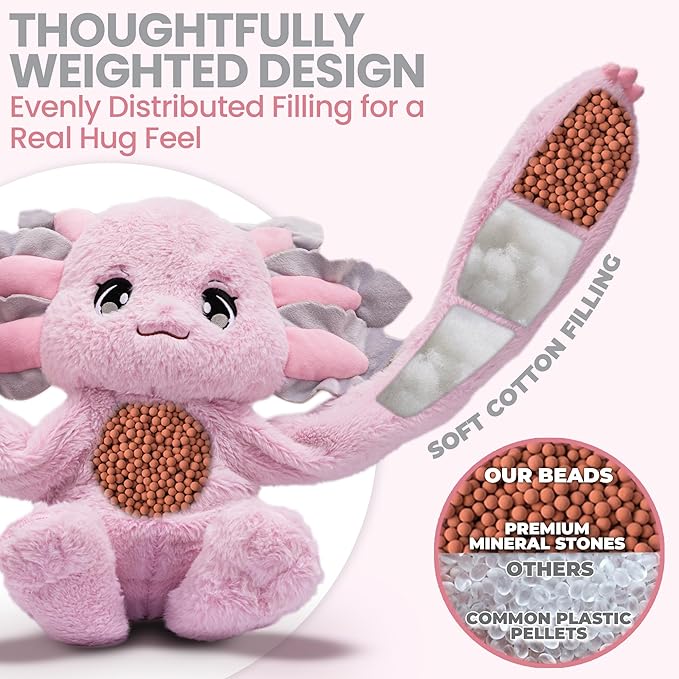 Huggle Healers Weighted Stuffed Animals for Adults, Teens and Kids - 36 Inch Long Plush Arms Pink Stuffed Animal for Hugs - 4.5lb Axolotl Plushies - Ula Axolotl
