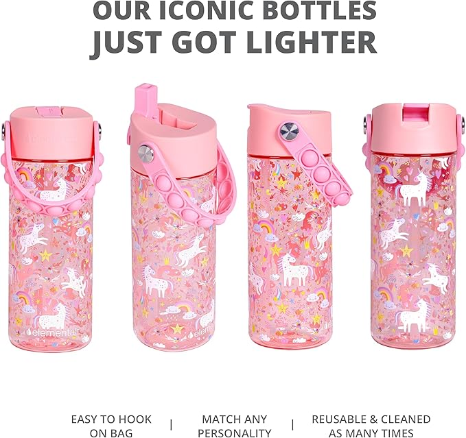 Elemental Leak Proof Water Bottles for Kids - Splash Kids Water Bottle for School with Pop-it Handle - Tritan Plastic Water Bottle with Straw - Mermaid & Pink Unicorn - 18oz (2 Pack)