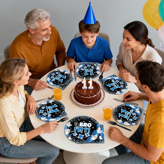 Qyeahkj 100 Pcs 11th Birthday Decorations for Boys Official Teen Supplies Plate Napkin Forks Set Disposable Blue 11th Birthday Tableware Paper Plates Dinnerware for Kids Teenager Favors Serve 25