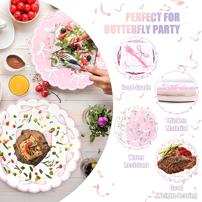 CANREVEL 96 PCS Bow Party Plates Serve 24, Bow Plates and Napkins Forks Set, Disposable Tableware for Birthday Supplies Party Decorations for Grils Kids Women