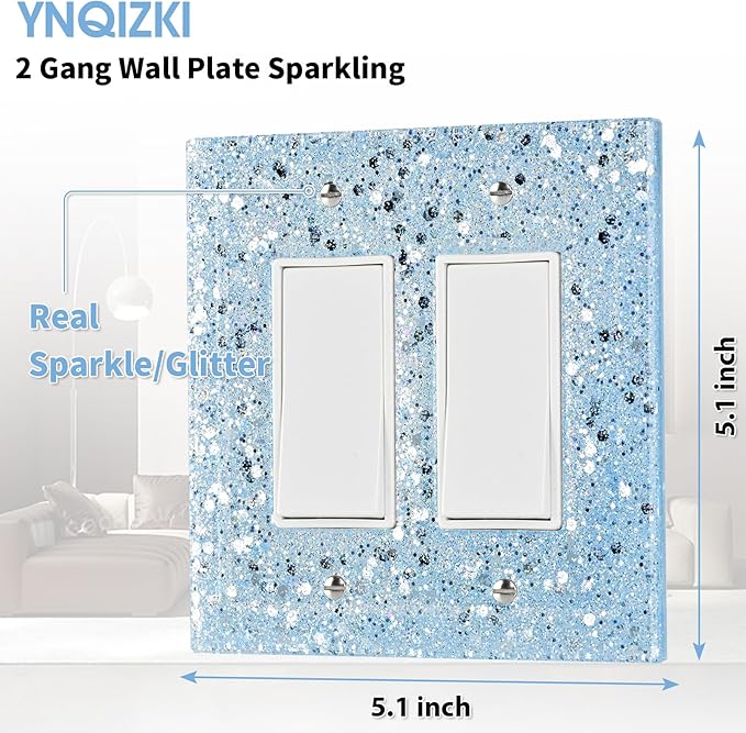 2-Gang Light Switch Cover Plate - Shiny Blue Mirror Finish,5.1"x5.1",Sparkling Design for Outlet or Double Rocker Switch