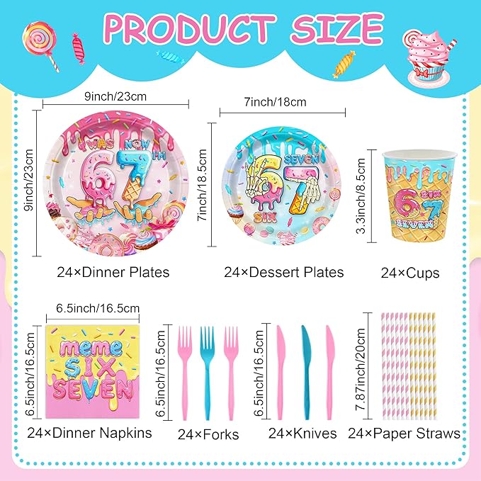152 PCS 6 7 Six Seven Ice Cream Birthday Disposable Party Supplies Serves 20 Guests, Sweet Treats Meme Disposable Tableware Set with Plates Cups Napkins Cutlery for 6 & 7 Year Old Birthday Decorations