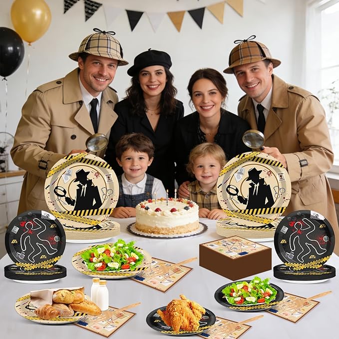 OBUSATT 96 Pcs Detective Theme Paper Plates and Napkins Top Secret Agent Spy Birthday Party Supplies Escape Room Tableware Set for Kids Boys Girls Clue Games Party Decorations Favors for Serves 24
