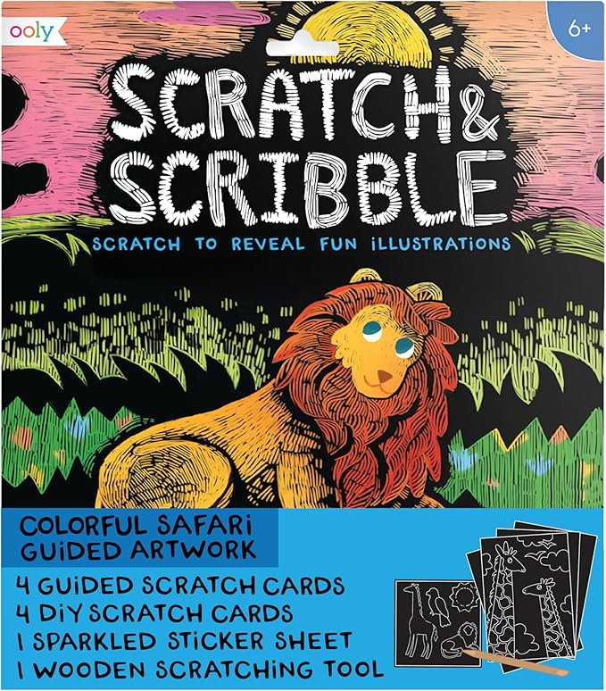 Ooly Scratch & Scribble 10pc Art Kit with 8 Total Scratch Cards (4 Illustrated, 2 Blank, 2 Rainbow) with Scratching Tool and Sparkled Stickers, Art Set Gifts for Kids - Colorful Safari