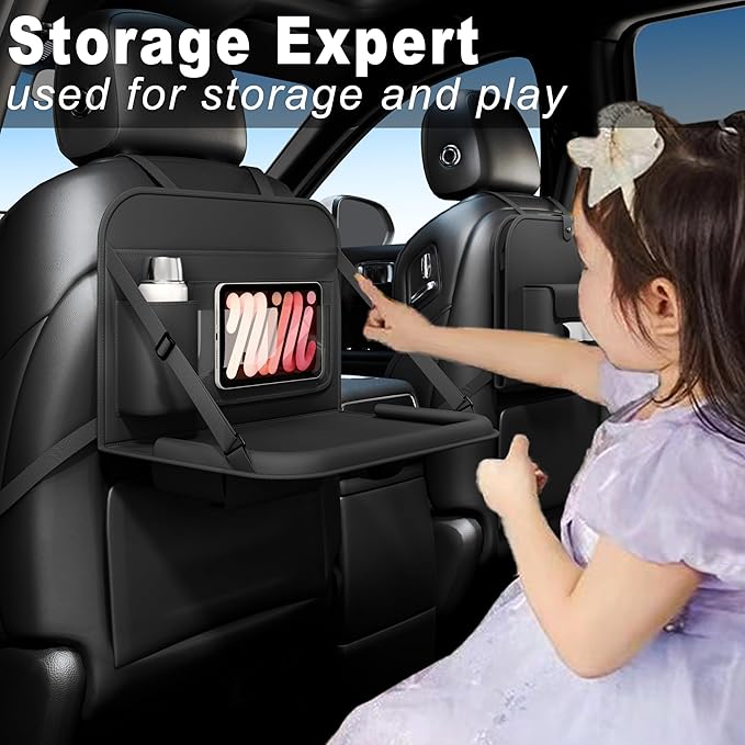 GMQ Backseat Car Organizer with Tray 1 Pack,Car Back Seat Eating Tray for Kids, Multifunctional Laptop Desk,Back Seat Car Storage & Tablet Holder for Children(Black, 1PC)