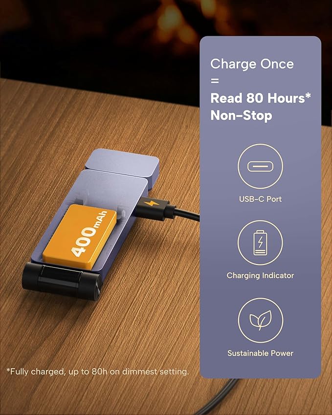 86lux Book Light, Rechargeable Clip-On LED Reading Light for Bed & Night Use - 3 Color Temperatures with Stepless Dimming, Ultralight Bookmark Design for Kids, Book Lovers, Purple