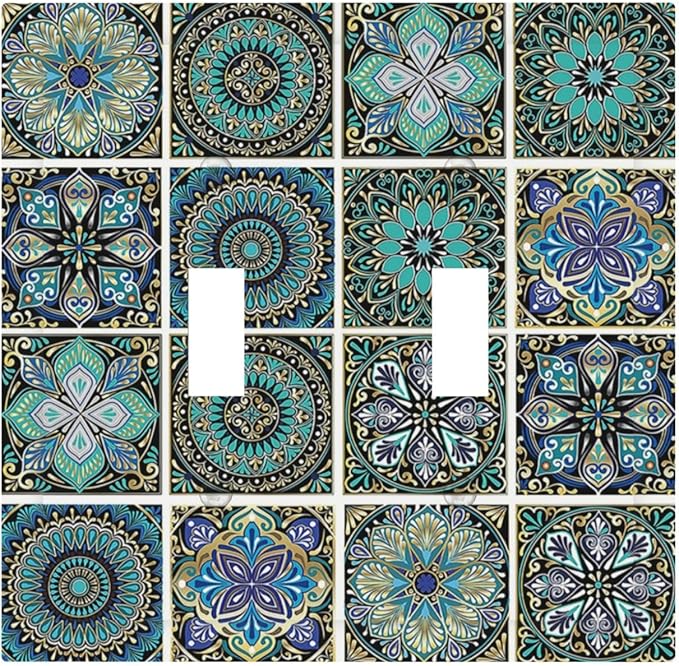Decorative Switch Plates Mandala Decorative Rustic Vintage Turquoise Pattern 2 Gang Double Toggle Outlet Light Switch Cover Wall Plate Electrical Faceplate for Bedroom Bathroom Decor