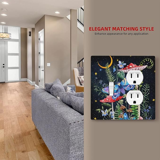 Decorative Fariy Tale Mushroom 2-Gang 1-Toggle 1-Duplex Combination Receptacle Wall Plate Boho Gothic Moth Hippie Moon Stars Butterfly Combo Device Toggle/Outlet Light Switch Faceplate Cover