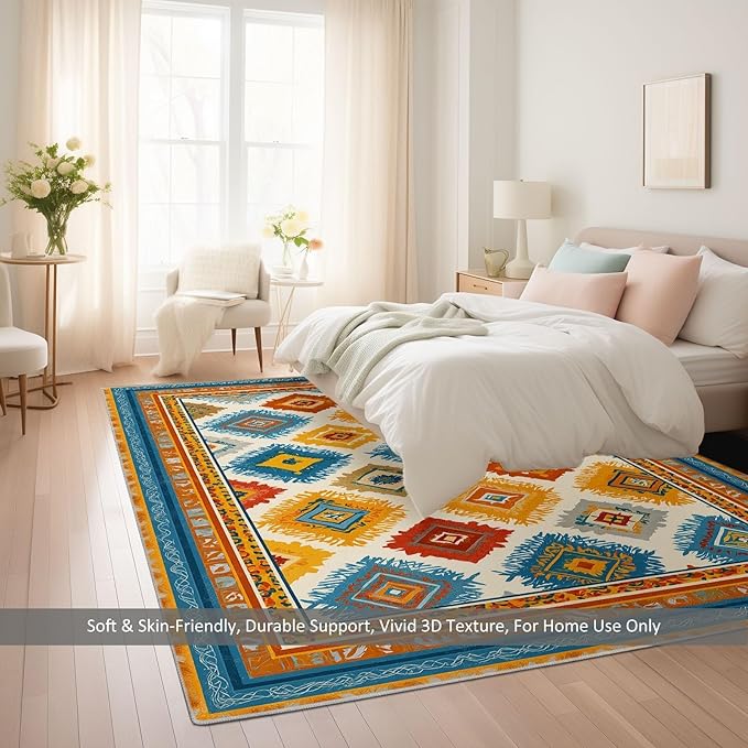 Abstract Geometric Border Washable Area Rug 4×5.6ft for Living Room, Bohemian Southwestern Tribes Soft Bedroom Rug, Low Pile Non-Slip Floor Carpet for Dining Room Nursery Home Office