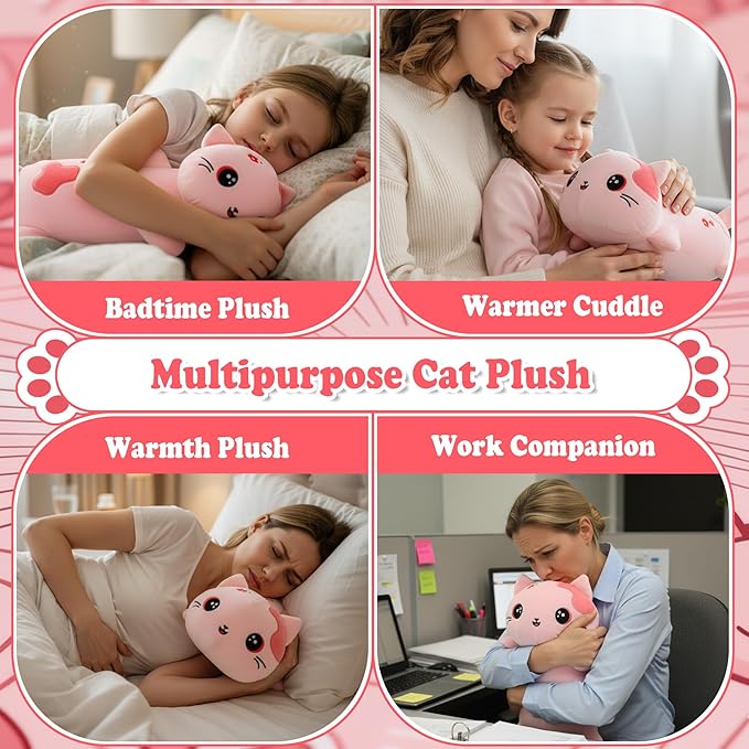 Microwave Weighted Cat Stuffed Animal - 2.2 Pounds Big Pink Cat Plush Machine Washable Unscented Cute Heating Pad Animal Pillow Warm Plushies Toy for Adults Kids Pink Flower Embroidery 15 Inch