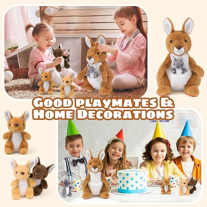 5 in 1 Kangaroo Stuffed Animal with Babies, 16'' Mommy Stuffed Kangaroo Plush Toy with 4 Baby Joey Plush and Pouch, Plush Kangaroos Set for Kids Boys Girls Birthday Christmas Plush Gifts Party Favors