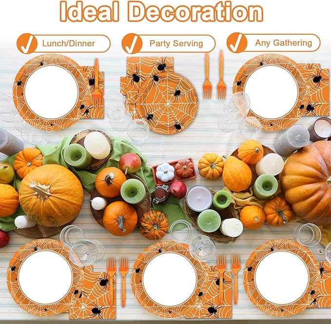 100 Pcs Spiderweb Party Plates and Napkins - Black and White Halloween Tableware Set for 25 Guests