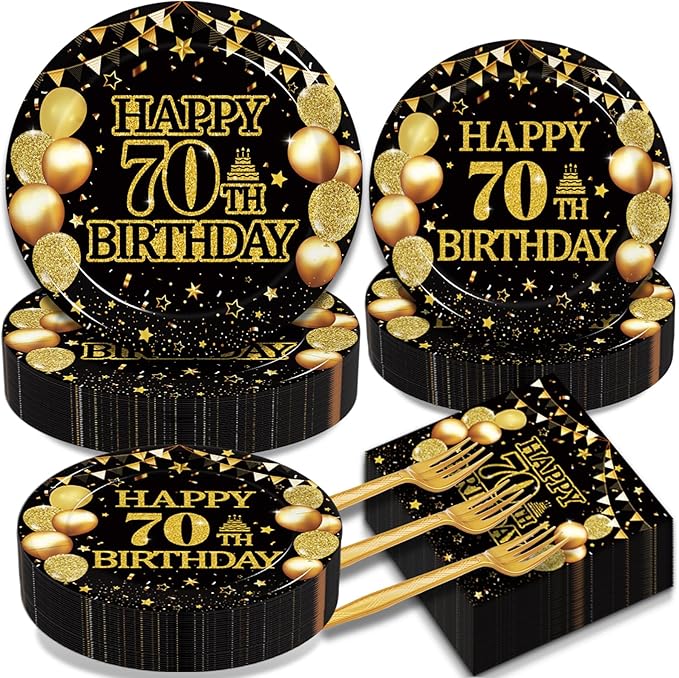 Kepeel 200Pcs 70th Birthday Party Tableware Set, Back in 1956 Birthday Party Decorations Supplies for Men Women Cheers to 70 Years Disposable Paper Plates Napkins Forks Favors, Serve 50
