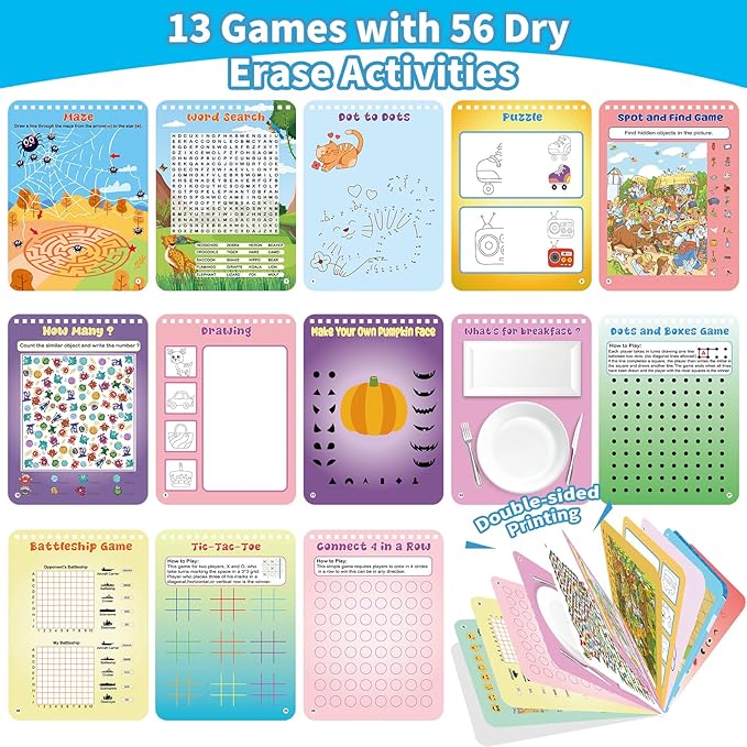 Elfew 2 Pack Reusable Activity Game for Kids Ages 4-8, 8-12,Travel Games Include 56 Different Game,1-2 Players,Toy & Learning Tool for Road Trip Airplane Activity