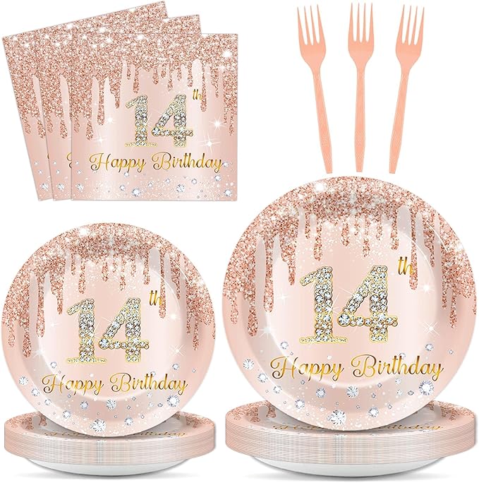 96 Pcs Rose Gold 14th Birthday Party Plates and Napkins for Girls Rose Gold Party Supplies Pink Happy 14 Years Birthday Party Tableware Set for 24 Guests Party Decorations