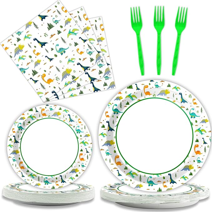 Wiooffen 96 Pcs Dinosaur Party Plates Napkins Watercolor Dinosaur Paper Tableware Supplies Set Cartoon Dino Disposable Dinnerware Decoration for Birthday Party Baby Shower, 24 Guests