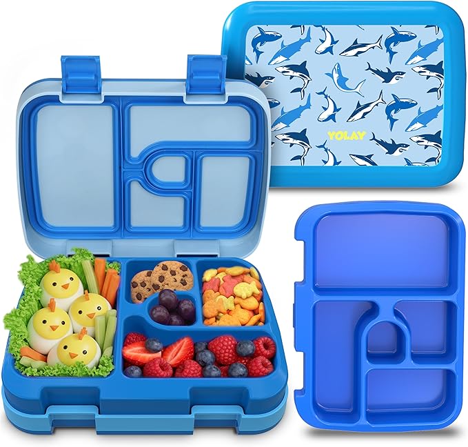 YOLAY Bento Box for Kids Lunch Box Leak-Proof, 5-Compartment Lunch Box Kids for Ages 3-10, Durable with Anti-Slip Base, Suitable for Schools, Outdoor and Travel (Mermaid) (Shark)