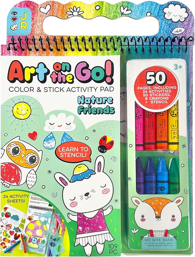Bright Stripes Art on the Go Nature Theme Travel Kit for Kids Ages 3+ | Mess-Free 50 Pages Coloring & Sticker Activity Set with Crayons & Stencil | Portable Art Set for Toddlers and Preschoolers