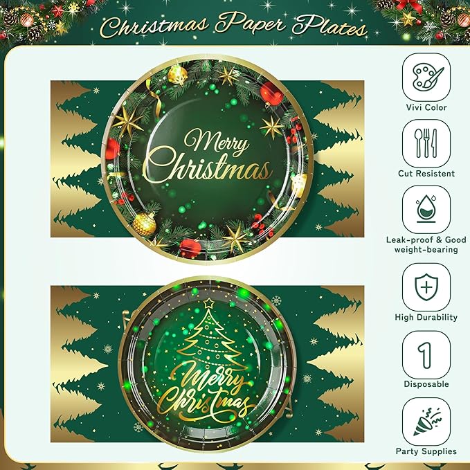 72PCS Christmas Plates and Napkins for Party Decorations, Set of 24 Merry Christmas Disposable Tableware Supplies, Green Gold Christma Tree Paper Plates for Xmas Party