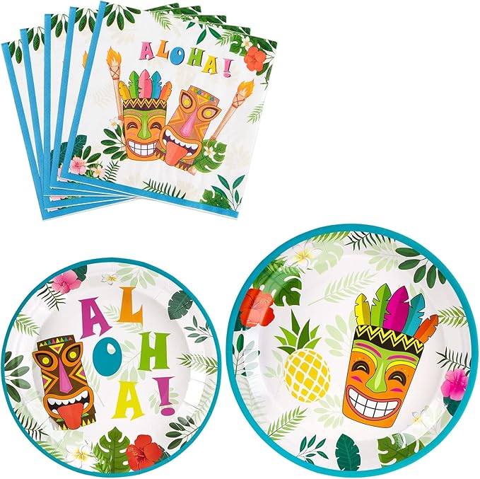 WERNNSAI Hawaiian Luau Party Supplies - 48 PCS Luau Plates And Napkins Tropical Tiki Birthday Decorations Hawaiian Paper Plates Tableware Set for Summer Pool Beach Party Serves 16 Guests