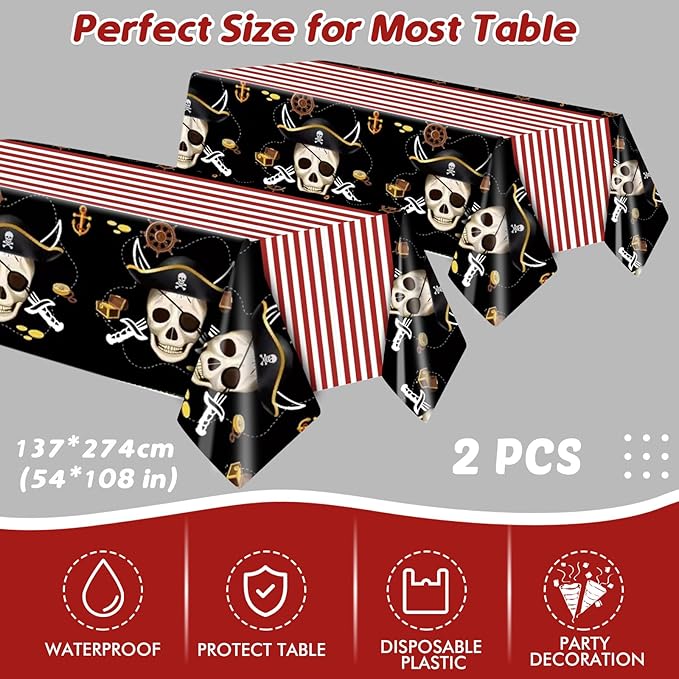 62Pcs Pirate Birthday Party Supplies Decorations, Pirate Treasure Theme Dinnerwares Includes 20pcs 9''Plates and 20pcs 7''Napkins with 2pcs Tablecloth for 20 Guests, Disposable Party Dessert Tableware