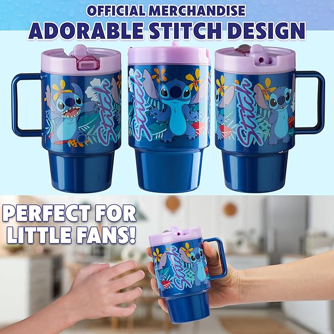 Get Trend Disney Stitch Kids Water Bottle with Straw 16.9 oz BPA Free Plastic Leakproof Cup with Lid Handle Reusable Drinking Tumbler Gifts for Kids (Blue Stitch)