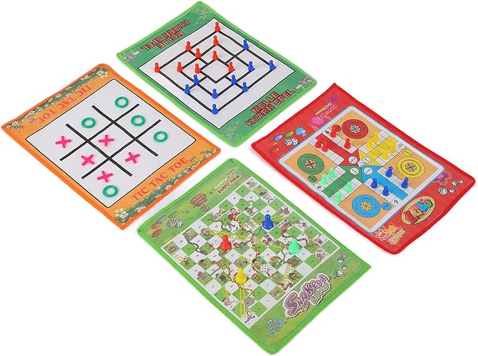 4 in 1 Kid Chess Set, Soft Foldable Non Woven Fabric Board Games for Kids, with Snake and Ladder Ludo Nine Men Morris, for Family Indoor Outdoor Travel Activities