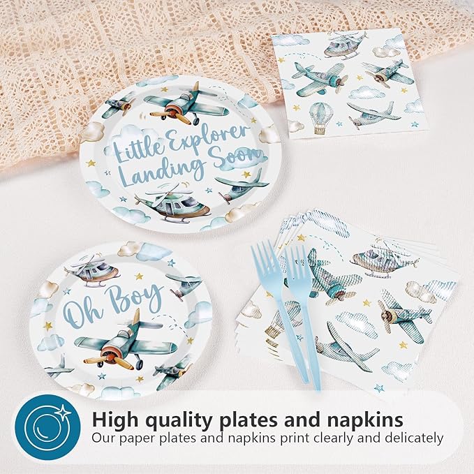 Grencian 96Pcs Airplane Baby Shower Decorations Airplane Boy Baby Shower Paper Plates and Napkins Disposable Party Supplies Plates for Boys Little Explorer Landing Soon Adventure Party Decorations