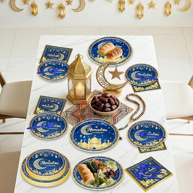 96 Pcs Ramadan Plates and Napkins Forks Sets - Blue Gold Eid Mubarak Themed Round Tableware, Disposable KAREEM Paper Plates Napkins Kit for Ramadan Party Supplies Favors Table Decorations, Serves 24