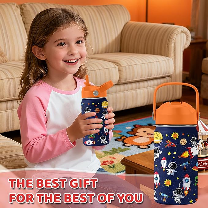 Space Astronomy Gifts for Kids - 12 Oz Kids Water Bottle with Straw Lid, Stainless Steel Insulated Tumbler, Leak Proof, BPA-Free, for Boys, School, Travel - Universe Children Birthday Gifts Cups(1pc)