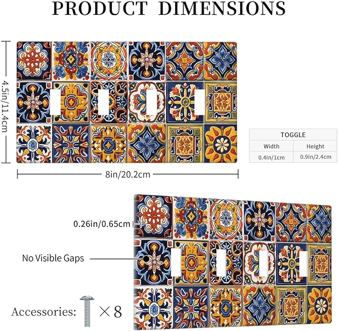 Mexican Talavera Tiles Flower Vintage Light Switch Covers Quad Toggle Electrical Faceplate 4 Gang Wall Plate Decorative Switch Plates Cover for Kitchen Bathroom Decor