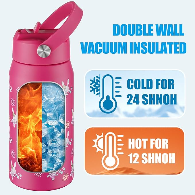 OLDLEY kids Water Bottle - 18oz Insulated Stainless Steel - Wide Straw Lid, Non Spill, Leakproof, Kids Water Bottle for School,Pink Bunny
