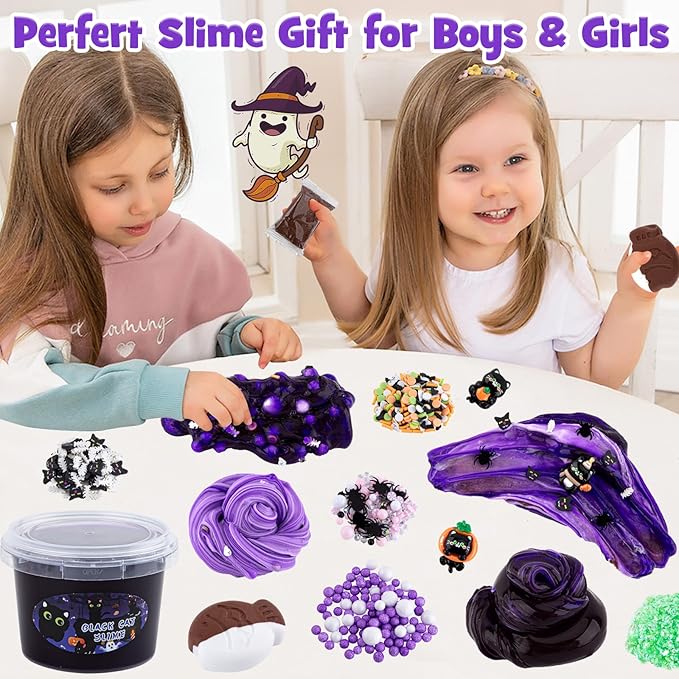 LAWOHO 300ml Black Cat Slime Kit with Clay, Purple Clear Slime Bucket for Girls & Boys with 9 Packs Cat Add-Ins for Kids Slime Toys, Non Stick Slime Making Kit for Birthday Halloween Christmas Easter
