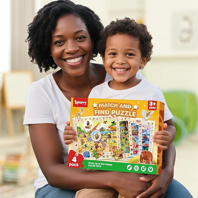 SYNARRY Wooden Puzzles for Kids Ages 4-6, 4 x 60 Piece Match & Find Puzzles for Kids Ages 3-5 Boy Girl, Educational Easter Gifts for 4-8 Year Olds, Learning Jungle Savannah Polar Animals & City Life