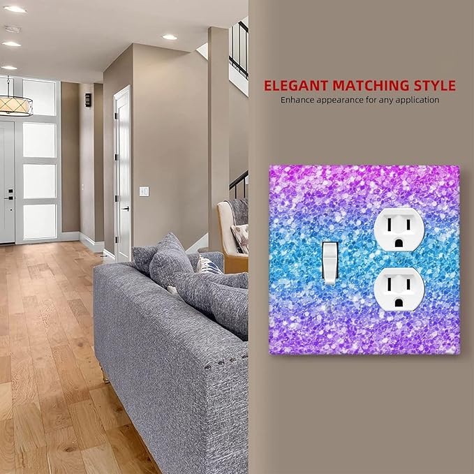 Light Switch Cover Plate Fantasy Colorful Glitter Blue Purple Gradient 2 Gang Outlet Covers 1 Toggle 1 Duplex Socket Cover Wallplates Electrical Switch Plate Covers for Kids Room Home Decor