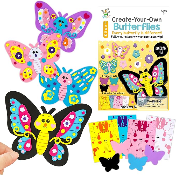 VKPI 4 Butterflies Foam Art Crafts Gift Kit, Creative Make Your Own Butterflies, Cartoon Paper Craft Projects for Kids Ages 4+ Toddler, Preschool Learning Toy for Birthday Party Favor Supplies