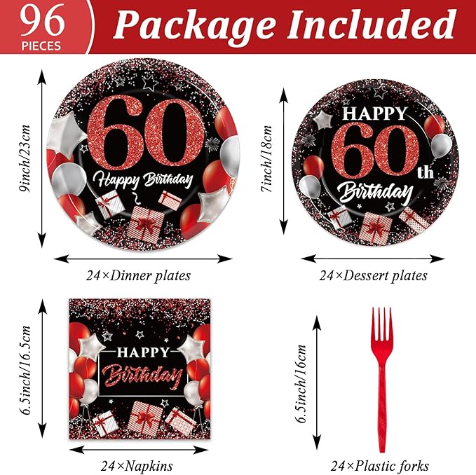 gisgfim 96 Pcs 60th Birthday Plates and Napkins Party Supplies 60 Years Old Birthday Party Tableware Set Red Black Dinner Dessert Plates 60th Birthday Decorations Favors for Man Women for 24 Guests