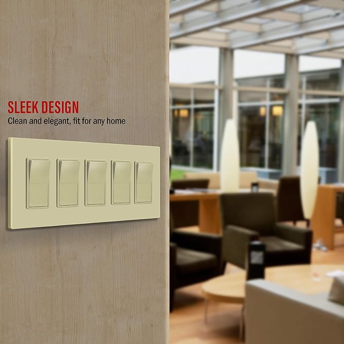 ENERLITES Screwless Decorator Wall Plate Child Safe Outlet Cover, Size 5-Gang 4.68" H x 10.14" L, Unbreakable Polycarbonate Thermoplastic, SI8835-I, Glossy, Ivory
