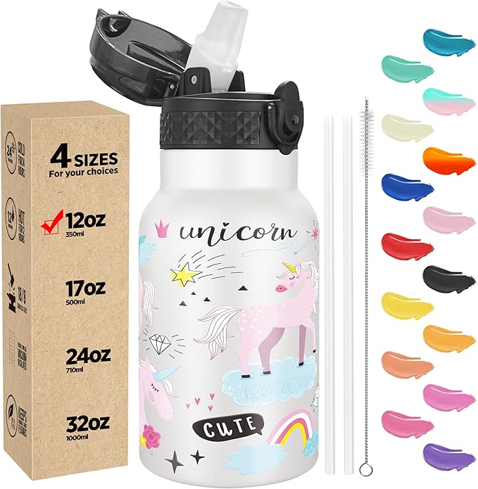 Han's Bottle Kids Water Bottle with Straw Lid - Insulated Stainless Steel Reusable Tumbler for Girls,Boys,Thermo Mug,12oz,Unicorns Girl
