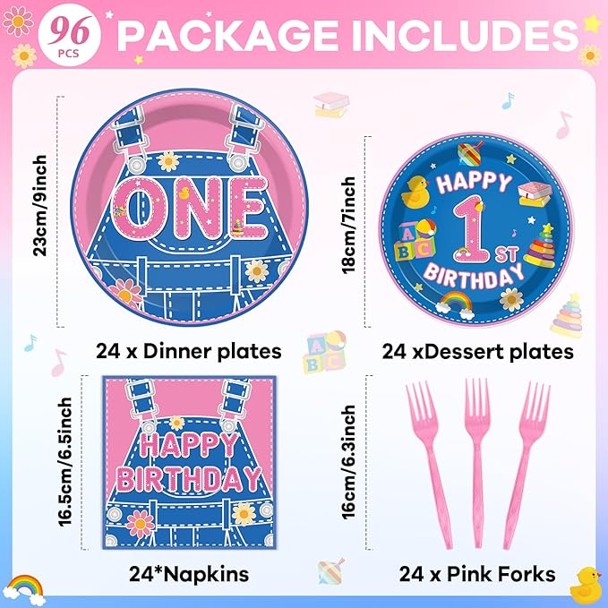 96Pcs 1st Birthday Party Plates and Napkins Girls Pink Cartoon Teaching Decor One Year Old Paper Disposable Dessert Cake Plates English Teacher Theme Tableware Set for Baby Shower Favors 24 Guests