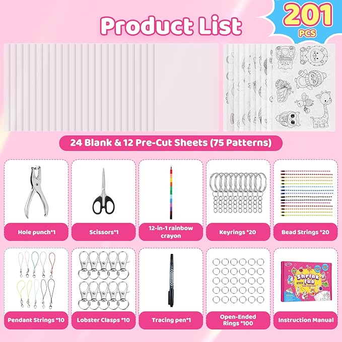201pcs Shrink Paper Keychain Kit, 24 Blank & 12 Pre-Cut Sheets (75 Patterns) Crafts Kits for Kids Adults, Shrinking Art Activity Set with Hole Punch & Keychain Jewelry Accessories for DIY Crafts